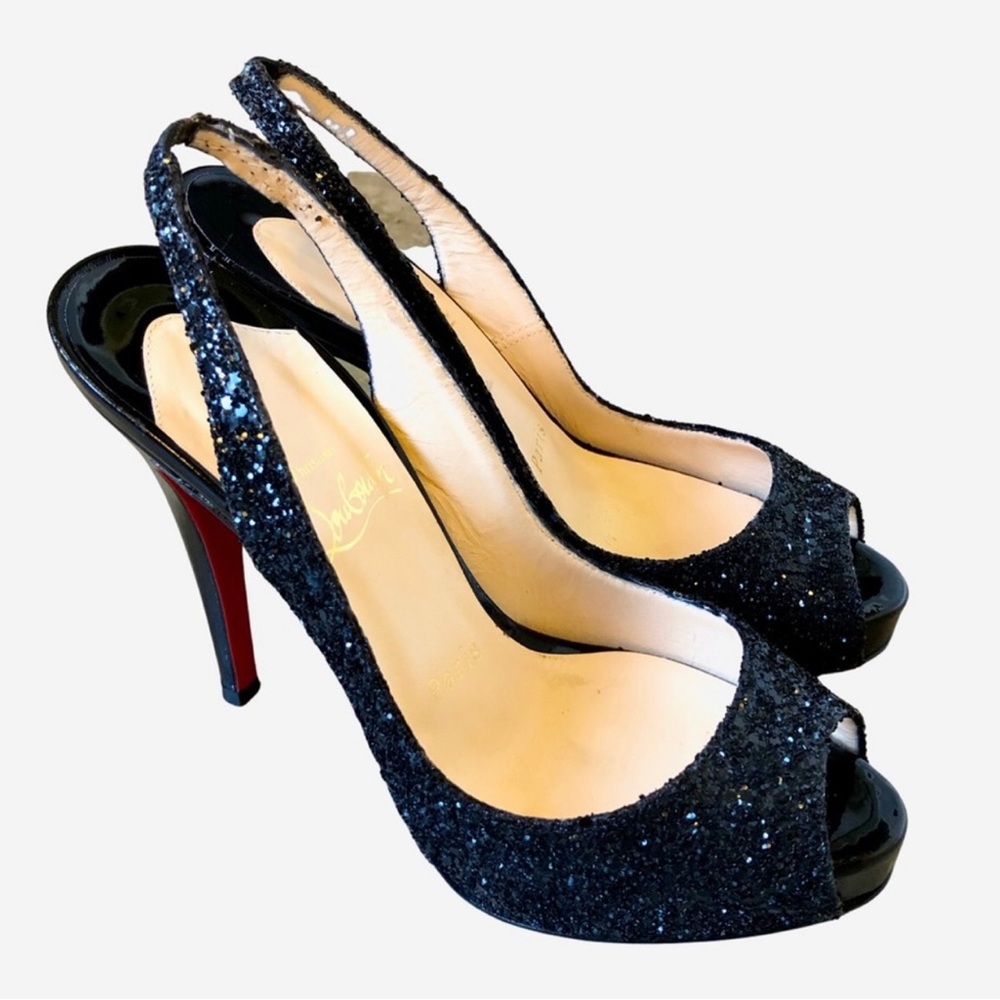 🎉HP🎉Christian Louboutin Black Glitter Peep Toe
Slingbacks Sz EU 36.5, US 6 - Picture 1 of 4